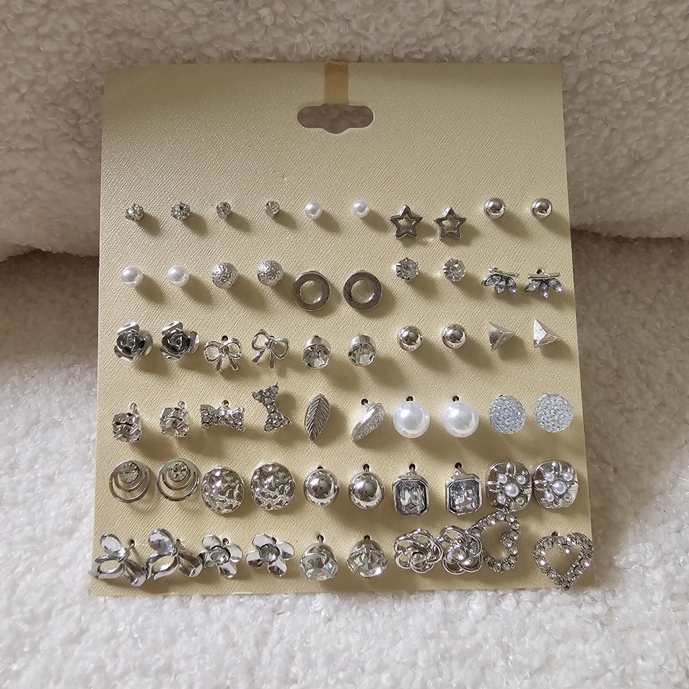 Silver toned 30pc stud earrings faux pearls diamonds bows floral minimalist